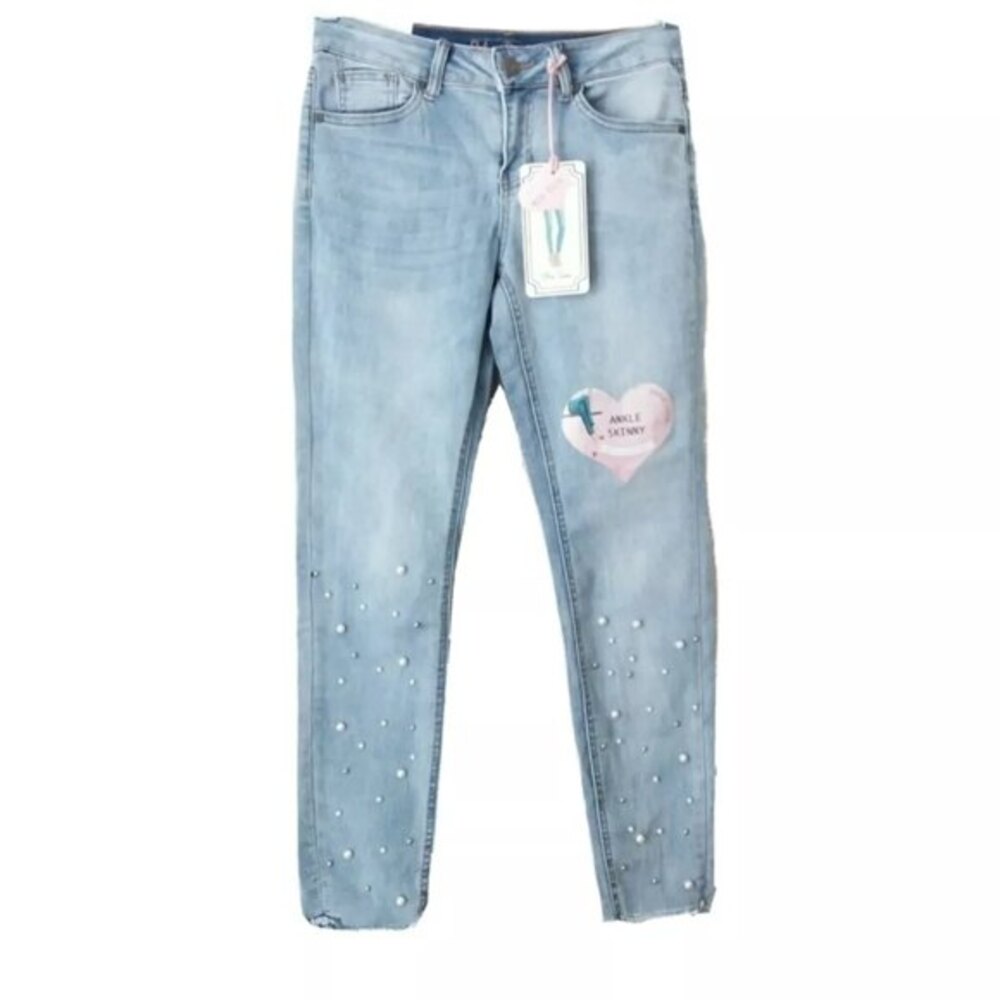 Blue Desire | Mid-Rise Pearl Raw Hem Ankle Skinny